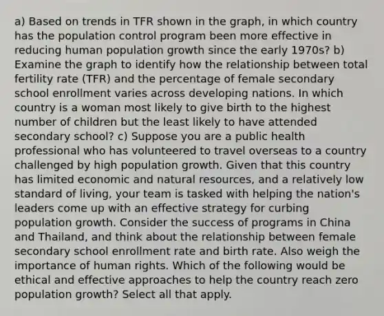 a) Based on trends in TFR shown in the graph, in which country has the population control program been more effective in reducing human population growth since the early 1970s? b) Examine the graph to identify how the relationship between total fertility rate (TFR) and the percentage of female secondary school enrollment varies across developing nations. In which country is a woman most likely to give birth to the highest number of children but the least likely to have attended secondary school? c) Suppose you are a public health professional who has volunteered to travel overseas to a country challenged by high population growth. Given that this country has limited economic and natural resources, and a relatively low standard of living, your team is tasked with helping the nation's leaders come up with an effective strategy for curbing population growth. Consider the success of programs in China and Thailand, and think about the relationship between female secondary school enrollment rate and birth rate. Also weigh the importance of human rights. Which of the following would be ethical and effective approaches to help the country reach zero population growth? Select all that apply.