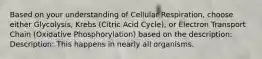 Based on your understanding of Cellular Respiration, choose either Glycolysis, Krebs (Citric Acid Cycle), or Electron Transport Chain (Oxidative Phosphorylation) based on the description: Description: This happens in nearly all organisms.