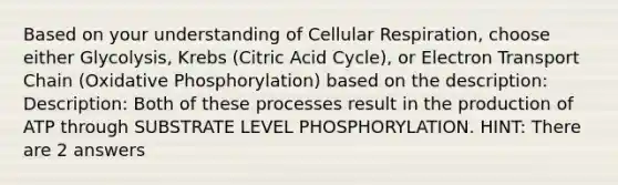 Based on your understanding of <a href='https://www.questionai.com/knowledge/k1IqNYBAJw-cellular-respiration' class='anchor-knowledge'>cellular respiration</a>, choose either Glycolysis, Krebs (Citric Acid Cycle), or Electron Transport Chain (<a href='https://www.questionai.com/knowledge/kFazUb9IwO-oxidative-phosphorylation' class='anchor-knowledge'>oxidative phosphorylation</a>) based on the description: Description: Both of these processes result in the production of ATP through SUBSTRATE LEVEL PHOSPHORYLATION. HINT: There are 2 answers