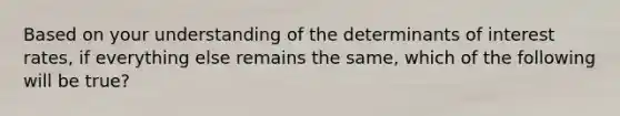 Based on your understanding of the determinants of interest rates, if everything else remains the same, which of the following will be true?