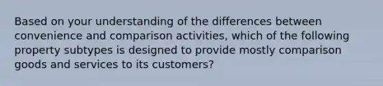 Based on your understanding of the differences between convenience and comparison activities, which of the following property subtypes is designed to provide mostly comparison goods and services to its customers?