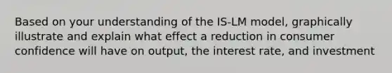 Based on your understanding of the IS-LM model, graphically illustrate and explain what effect a reduction in consumer confidence will have on output, the interest rate, and investment