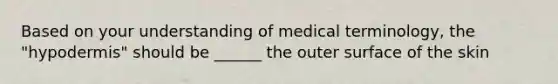 Based on your understanding of medical terminology, the "hypodermis" should be ______ the outer surface of the skin