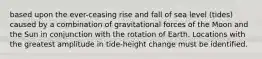 based upon the ever-ceasing rise and fall of sea level (tides) caused by a combination of gravitational forces of the Moon and the Sun in conjunction with the rotation of Earth. Locations with the greatest amplitude in tide-height change must be identified.