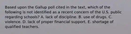 Based upon the Gallup poll cited in the text, which of the following is not identified as a recent concern of the U.S. public regarding schools? A. lack of discipline. B. use of drugs. C. violence. D. lack of proper financial support. E. shortage of qualified teachers.