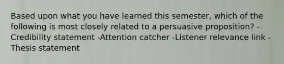 Based upon what you have learned this semester, which of the following is most closely related to a persuasive proposition? -Credibility statement -Attention catcher -Listener relevance link -Thesis statement