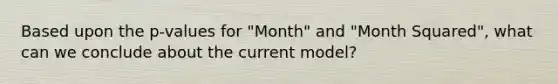 Based upon the p-values for "Month" and "Month Squared", what can we conclude about the current model?