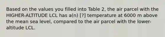 Based on the values you filled into Table 2, the air parcel with the HIGHER-ALTITUDE LCL has a(n) ​[?] temperature at 6000 m above the mean sea level, compared to the air parcel with the lower-altitude LCL.