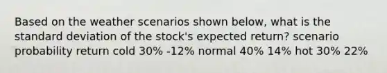 Based on the weather scenarios shown below, what is the standard deviation of the stock's expected return? scenario probability return cold 30% -12% normal 40% 14% hot 30% 22%