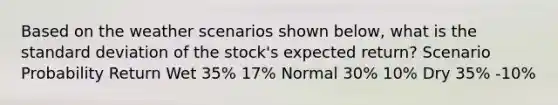 Based on the weather scenarios shown below, what is the <a href='https://www.questionai.com/knowledge/kqGUr1Cldy-standard-deviation' class='anchor-knowledge'>standard deviation</a> of the stock's expected return? Scenario Probability Return Wet 35% 17% Normal 30% 10% Dry 35% -10%