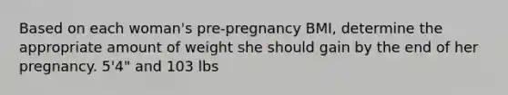 Based on each woman's pre-pregnancy BMI, determine the appropriate amount of weight she should gain by the end of her pregnancy. 5'4" and 103 lbs