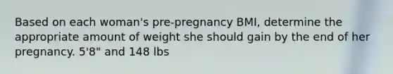 Based on each woman's pre-pregnancy BMI, determine the appropriate amount of weight she should gain by the end of her pregnancy. 5'8" and 148 lbs