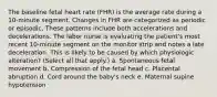 The baseline fetal heart rate (FHR) is the average rate during a 10-minute segment. Changes in FHR are categorized as periodic or episodic. These patterns include both accelerations and decelerations. The labor nurse is evaluating the patient's most recent 10-minute segment on the monitor strip and notes a late deceleration. This is likely to be caused by which physiologic alteration? (Select all that apply.) a. Spontaneous fetal movement b. Compression of the fetal head c. Placental abruption d. Cord around the baby's neck e. Maternal supine hypotension