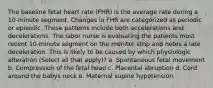 The baseline fetal heart rate (FHR) is the average rate during a 10-minute segment. Changes in FHR are categorized as periodic or episodic. These patterns include both accelerations and decelerations. The labor nurse is evaluating the patients most recent 10-minute segment on the monitor strip and notes a late deceleration. This is likely to be caused by which physiologic alteration (Select all that apply)? a. Spontaneous fetal movement b. Compression of the fetal head c. Placental abruption d. Cord around the babys neck e. Maternal supine hypotension