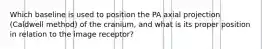 Which baseline is used to position the PA axial projection (Caldwell method) of the cranium, and what is its proper position in relation to the image receptor?