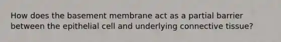 How does the basement membrane act as a partial barrier between the epithelial cell and underlying <a href='https://www.questionai.com/knowledge/kYDr0DHyc8-connective-tissue' class='anchor-knowledge'>connective tissue</a>?