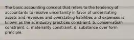 The basic accounting concept that refers to the tendency of accountants to resolve uncertainty in favor of understating assets and revenues and overstating liabilities and expenses is known as the a. industry practices constraint. b. conservatism constraint. c. materiality constraint. d. substance over form principle.