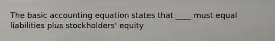 The basic accounting equation states that ____ must equal liabilities plus stockholders' equity