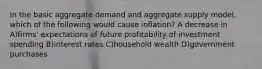 In the basic aggregate demand and aggregate supply​ model, which of the following would cause​ inflation? A decrease in A)firms' expectations of future profitability of investment spending B)interest rates C)household wealth D)government purchases