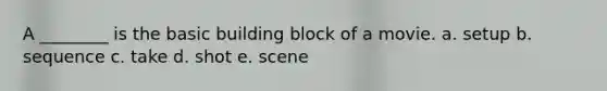 A ________ is the basic building block of a movie. a. setup b. sequence c. take d. shot e. scene