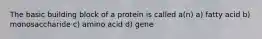 The basic building block of a protein is called a(n) a) fatty acid b) monosaccharide c) amino acid d) gene