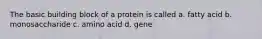 The basic building block of a protein is called a. fatty acid b. monosaccharide c. amino acid d. gene