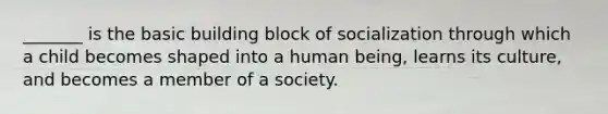 _______ is the basic building block of socialization through which a child becomes shaped into a human being, learns its culture, and becomes a member of a society.