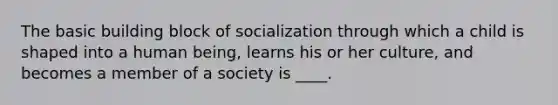 The basic building block of socialization through which a child is shaped into a human being, learns his or her culture, and becomes a member of a society is ____.