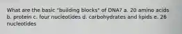 What are the basic "building blocks" of DNA? a. 20 amino acids b. protein c. four nucleotides d. carbohydrates and lipids e. 26 nucleotides