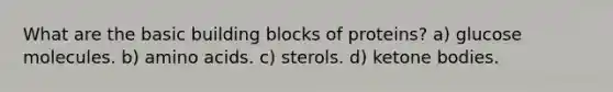 What are the basic building blocks of proteins? a) glucose molecules. b) amino acids. c) sterols. d) ketone bodies.