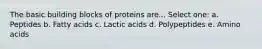 The basic building blocks of proteins are... Select one: a. Peptides b. Fatty acids c. Lactic acids d. Polypeptides e. Amino acids