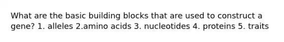 What are the basic building blocks that are used to construct a gene? 1. alleles 2.amino acids 3. nucleotides 4. proteins 5. traits