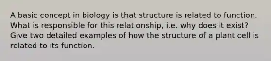 A basic concept in biology is that structure is related to function. What is responsible for this relationship, i.e. why does it exist? Give two detailed examples of how the structure of a plant cell is related to its function.