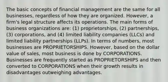 The basic concepts of financial management are the same for all businesses, regardless of how they are organized. However, a firm's legal structure affects its operations. The main forms of business organizations are: (1) proprietorships, (2) partnerships, (3) corporations, and (4) limited liability companies (LLCs) and limited liability partnerships (LLPs). In terms of numbers, most businesses are PROPRIETORSHIPS. However, based on the dollar value of sales, most business is done by CORPORATIONS. Businesses are frequently started as PROPRIETORSHIPS and then converted to CORPORATIONS when their growth results in disadvantages outweighing advantages.