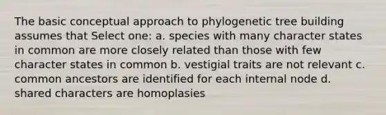 The basic conceptual approach to phylogenetic tree building assumes that Select one: a. species with many character states in common are more closely related than those with few character states in common b. vestigial traits are not relevant c. common ancestors are identified for each internal node d. shared characters are homoplasies