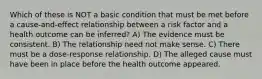 Which of these is NOT a basic condition that must be met before a cause-and-effect relationship between a risk factor and a health outcome can be inferred? A) The evidence must be consistent. B) The relationship need not make sense. C) There must be a dose-response relationship. D) The alleged cause must have been in place before the health outcome appeared.