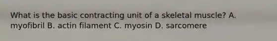 What is the basic contracting unit of a skeletal muscle? A. myofibril B. actin filament C. myosin D. sarcomere