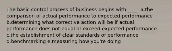 The basic control process of business begins with ____. a.the comparison of actual performance to expected performance b.determining what corrective action will be if actual performance does not equal or exceed expected performance c.the establishment of clear standards of performance d.benchmarking e.measuring how you're doing