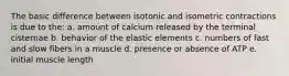 The basic difference between isotonic and isometric contractions is due to the: a. amount of calcium released by the terminal cisternae b. behavior of the elastic elements c. numbers of fast and slow fibers in a muscle d. presence or absence of ATP e. initial muscle length