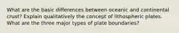 What are the basic differences between oceanic and continental crust? Explain qualitatively the concept of lithospheric plates. What are the three major types of plate boundaries?