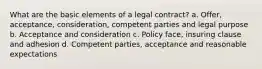 What are the basic elements of a legal contract? a. Offer, acceptance, consideration, competent parties and legal purpose b. Acceptance and consideration c. Policy face, insuring clause and adhesion d. Competent parties, acceptance and reasonable expectations