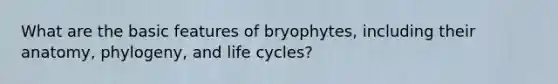 What are the basic features of bryophytes, including their anatomy, phylogeny, and life cycles?