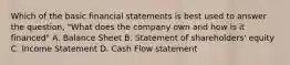 Which of the basic financial statements is best used to answer the question, "What does the company own and how is it financed" A. Balance Sheet B. Statement of shareholders' equity C. Income Statement D. Cash Flow statement