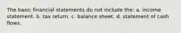 The basic financial statements do not include the: a. income statement. b. tax return. c. balance sheet. d. statement of cash flows.