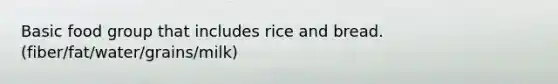 Basic food group that includes rice and bread. (fiber/fat/water/grains/milk)