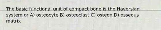 The basic functional unit of compact bone is the Haversian system or A) osteocyte B) osteoclast C) osteon D) osseous matrix