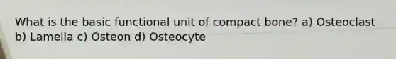 What is the basic functional unit of compact bone? a) Osteoclast b) Lamella c) Osteon d) Osteocyte