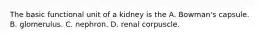 The basic functional unit of a kidney is the A. Bowman's capsule. B. glomerulus. C. nephron. D. renal corpuscle.