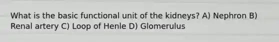 What is the basic functional unit of the kidneys? A) Nephron B) Renal artery C) Loop of Henle D) Glomerulus