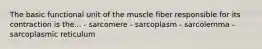 The basic functional unit of the muscle fiber responsible for its contraction is the... - sarcomere - sarcoplasm - sarcolemma - sarcoplasmic reticulum